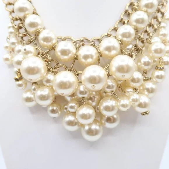 CHICOS Ornate Chunky Gold Tone & Faux Pearl Dangle Bauble Statement Necklace - Picture 2 of 10